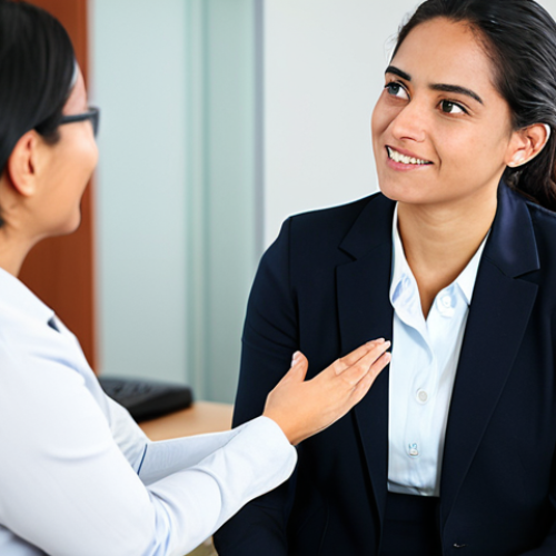 An empathetic rehabilitation counselor, a professional woman, in modest business attire, engaging in a supportive conversation with an adult client in a modern, inclusive office setting. Both individuals are fully clothed in appropriate attire, displaying natural poses and expressions of mutual respect and understanding. The background is softly blurred to keep focus on the interaction. Perfect anatomy, natural proportions, well-formed hands, proper finger count, correct body proportions, safe for work, appropriate content, professional dress, high-quality photograph, soft studio lighting.