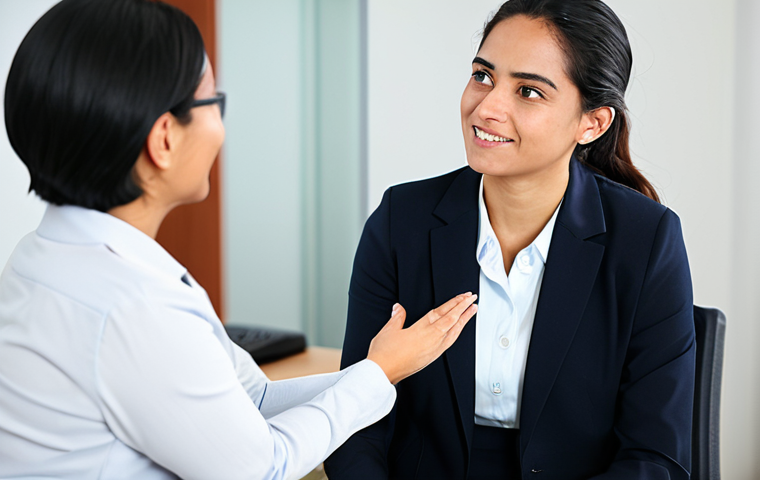 An empathetic rehabilitation counselor, a professional woman, in modest business attire, engaging in a supportive conversation with an adult client in a modern, inclusive office setting. Both individuals are fully clothed in appropriate attire, displaying natural poses and expressions of mutual respect and understanding. The background is softly blurred to keep focus on the interaction. Perfect anatomy, natural proportions, well-formed hands, proper finger count, correct body proportions, safe for work, appropriate content, professional dress, high-quality photograph, soft studio lighting.