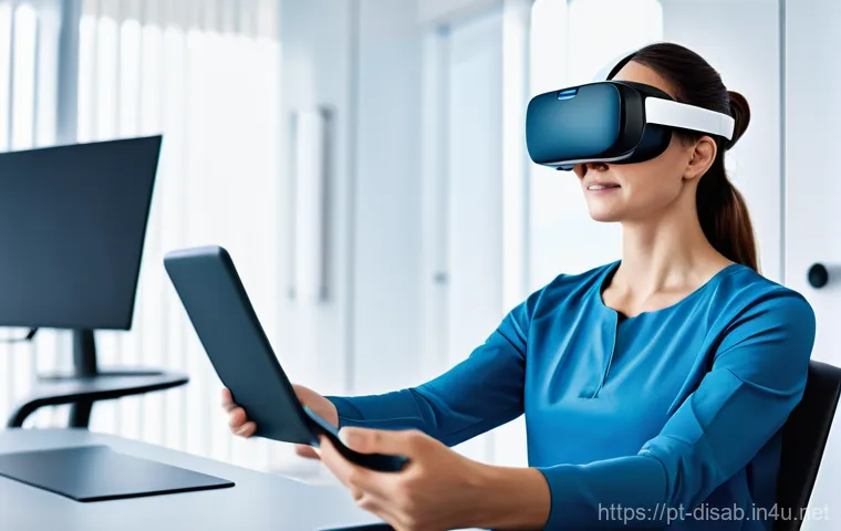 장애인재활상담사 자격증 신뢰도 - The patient is comfortably seated in a modern ergonomic chair, wearing a sleek virtual reality (VR) ...