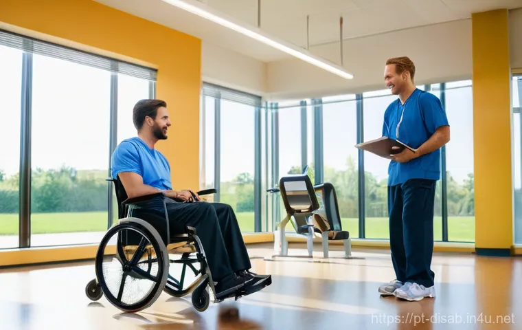 장애인재활상담사 직무별 역량 평가 - **Prompt:** "A heartwarming and inspiring scene depicting a rehabilitation counselor, a compassionat...