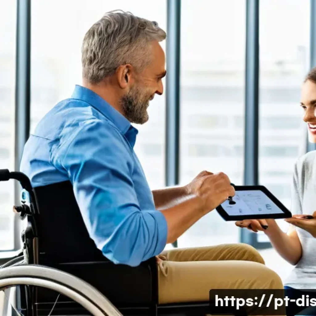 장애인재활상담사 자격증 영어 자료 - A professional rehabilitation consultant in a modern office setting, engaging empathetically with a ...