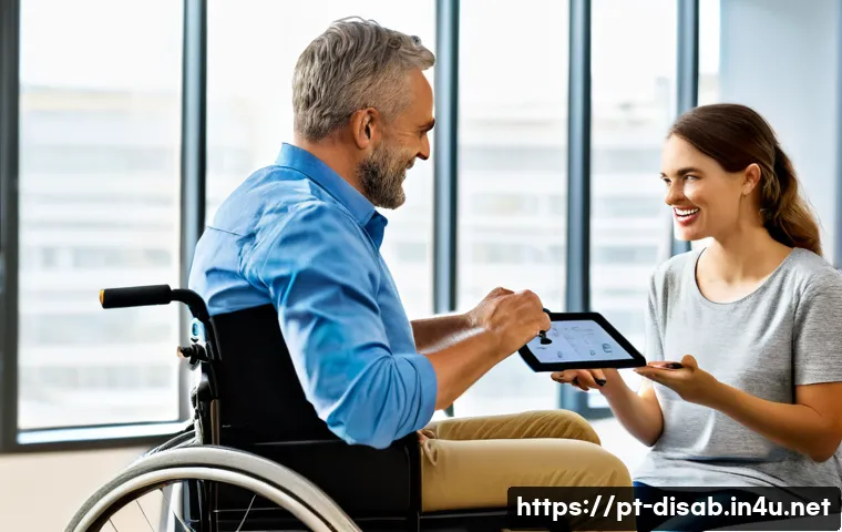 장애인재활상담사 자격증 영어 자료 - A professional rehabilitation consultant in a modern office setting, engaging empathetically with a ...