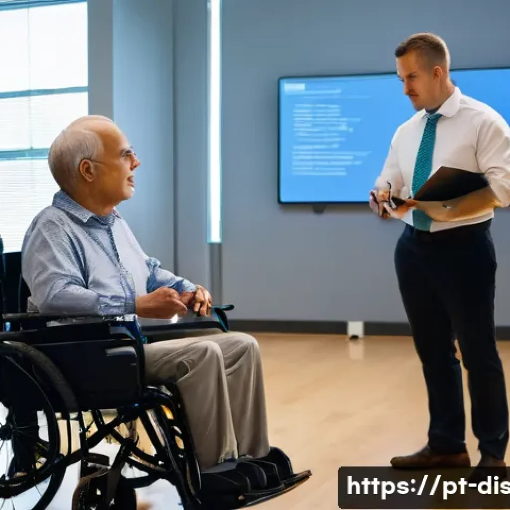 장애인재활상담사 실기시험 준비 - A professional rehabilitation consultant attentively listening to an adult client with a physical di...