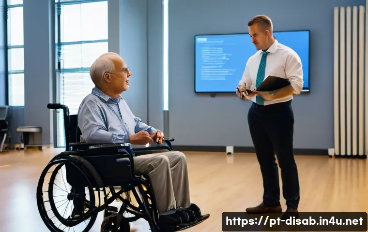 장애인재활상담사 실기시험 준비 - A professional rehabilitation consultant attentively listening to an adult client with a physical di...