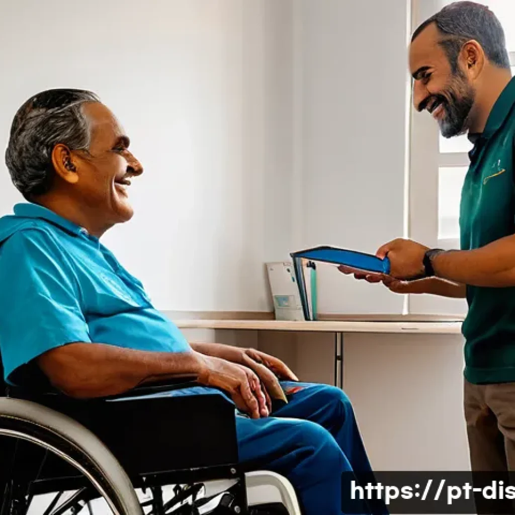 장애인재활상담사 비전과 현실 - A compassionate rehabilitation consultant assisting a middle-aged Brazilian man with a physical disa...