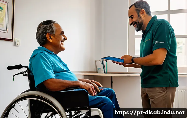 장애인재활상담사 비전과 현실 - A compassionate rehabilitation consultant assisting a middle-aged Brazilian man with a physical disa...