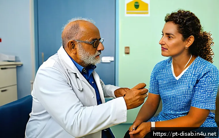 장애인재활상담사 직업윤리 교육 - A compassionate rehabilitation consultant attentively listening to a middle-aged Brazilian patient i...