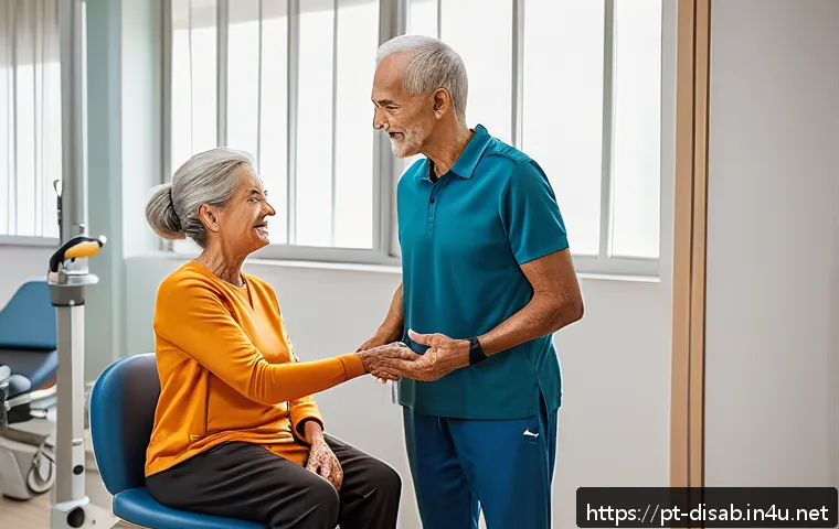 장애인재활상담사 전공 선택 이유 - A diverse group of rehabilitation professionals in a modern clinic setting, including a physical the...