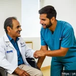 장애인재활상담사 관련 법적 지식 - A professional rehabilitation therapist, dressed in clean, professional attire with visible identifi...