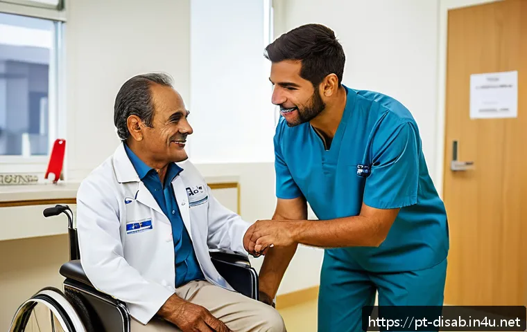 장애인재활상담사 관련 법적 지식 - A professional rehabilitation therapist, dressed in clean, professional attire with visible identifi...