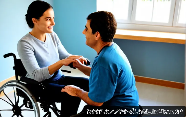 장애인재활상담사 실무 역량 키우기 - Photorealistic rehabilitation counselor in a bright accessible therapy center in Portugal, calmly as...